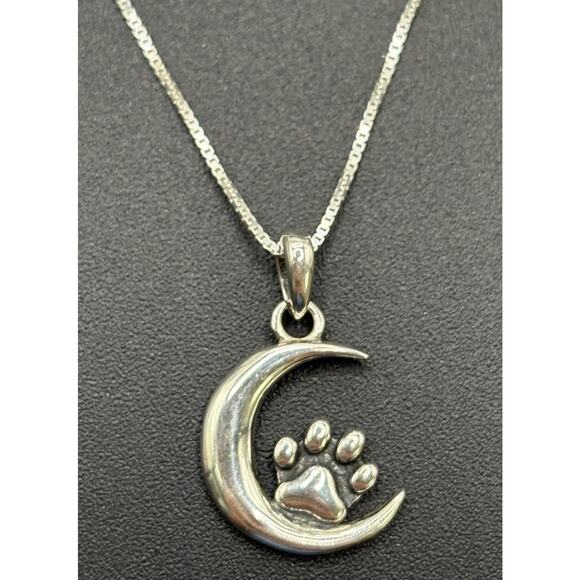 18" New Condition Sterling Silver Paw Print Moon Pendant Necklace 925 - Picture 1 of 11